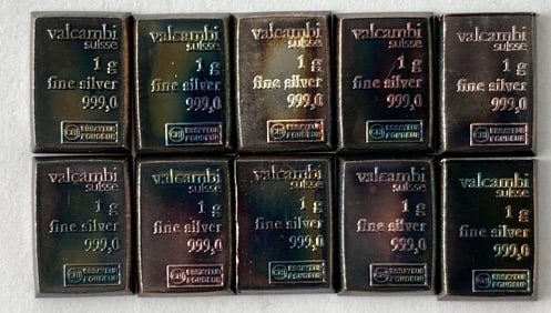 Group of 10 Valcambi Suisse 1 Gram .999 Silver Ingot/Bars