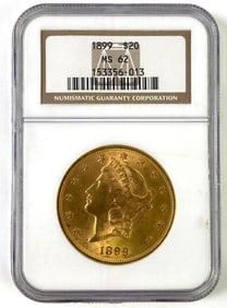 NGC Graded 1899 $20 US Liberty Head Gold Coin MS62