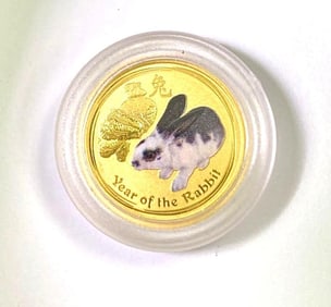 2011 Australia $5 Colorized Year of the Rabbit 1/20 oz .999 Fine Gold Coin