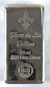 Fleur de Lis Bullion 50 oz .999 Fine Silver Ingot/ Bar