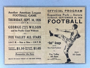 Rare 1926 Red Granges New York Yankees vs Fox Valley All-Stars Program