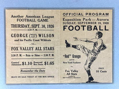 Rare 1926 Red Granges New York Yankees vs Fox Valley All-Stars Program: Red Grange joined his home team the Chicago Bears in 1925, He was not satisfied with the salary he has with the Bears, so he and his Manager C.C. Pyle formed their own team, New York Yankees, for the