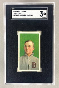 1909 T206 Sweet Caporal Ty Cobb Portrait, Green Background SGC 3: 1909 T296 Sweet Caporal Ty Cobb Portrait, Green Background SGC 3, Great eye appeal
