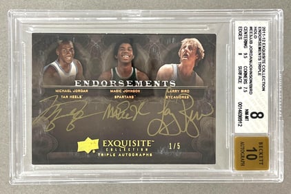 2011 - 2012 Exquisite Collection Jordan/ Johnson/Bird Endorsements Triple Auto 1/5 BGS 8 Auto 10