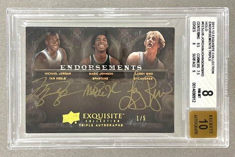 2011 - 2012 Exquisite Collection Jordan/ Johnson/Bird Endorsements Triple Auto 1/5 BGS 8 Auto 10: 2011 - 2012 Exquisite Collection Jordan/ Johnson/ Bird Endorsements Triple Auto #EE3JJB BGS 8 Auto 10