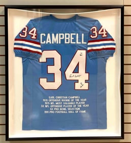 Earl Campbell Signed Houston Oilers Stat Jersey with Inscription and PSA Sticker