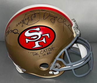 Rare Joe Montana, Dwight Clark, The Catch Dual Signed Full Size Helmet with Play and COA