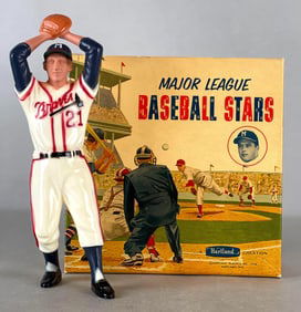 Rare 1958 - 62 Hartland Statue Warren Spahn with Original Ed Mathews Box and Spahn Sticker on Top