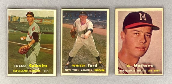 1957 Topps Whitey Ford, Ed Mathews, and Rocco Colavito Cards