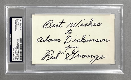 Red Grange Signed Index Card with Inscription PSA Authentic