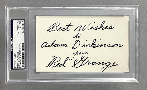 Red Grange Signed Index Card with Inscription PSA Authentic: Autographed Best Wishes to Adam Dickinson from Red Grange