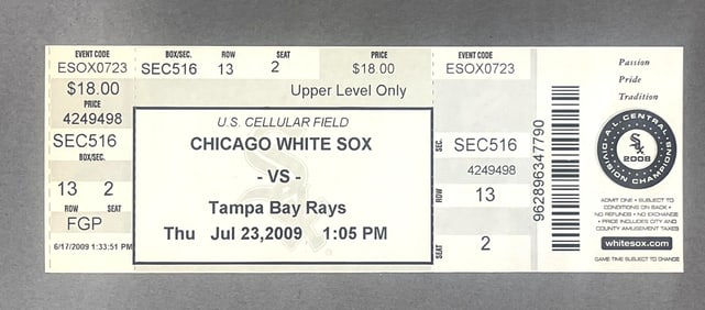 Mark Buehrle Perfect Game Ticket White Sox vs Rays, July 23, 2009