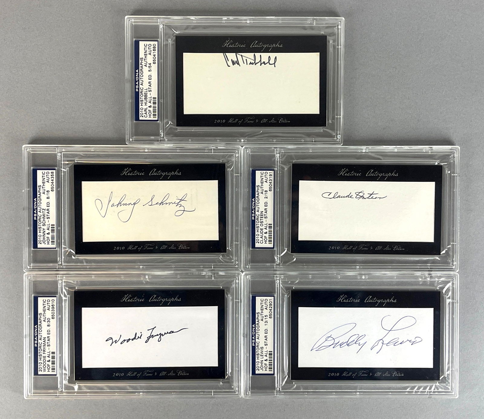 5 - 2010 Historic Autographs HOF and All-Stars with Carl Hubbell PSA Authentic: Carl Hubbell 5/54, Johnny Schmitz 8/16, Claude Osteen 2/18, Woodie Fryman 8/30, John Lewis 13/15