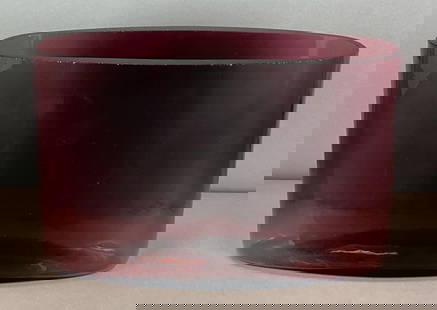 Blenko Amethyst Art Glass Vase: Makers sticker on vase, flea bites on rim, measures 5 1/2 x 9 x 3 1/2 inches