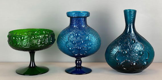 Group of Blenko Style Textured Art Glass Vases and Compote