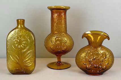 Group of Blenko Style Textured Art Glass Vases and Bottle