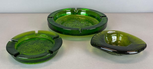 Group of 3 Green Textured Art Glass Ashtrays