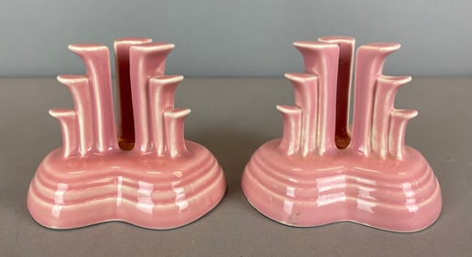 Group of 2 Fiesta Pink Art Pottery Candlesticks