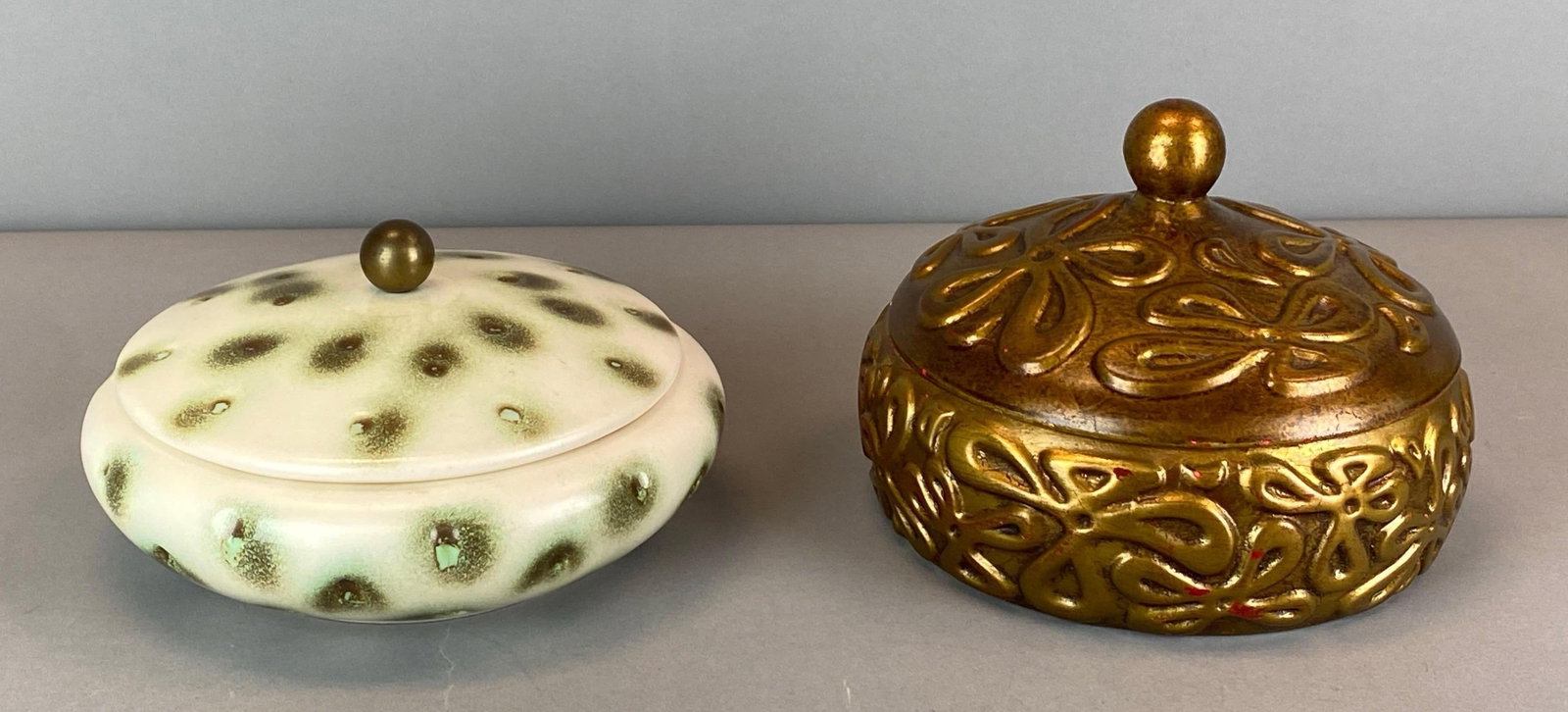Group of 2 Haeger Pottery Lidded Jars: Both marked on base, One repainted multiple times, largest measures 5 x 7 inches