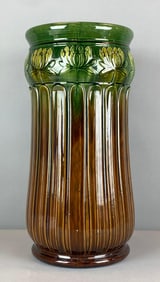 Floral Motif Paneled Green Brown Glaze Stoneware Umbrella Stand