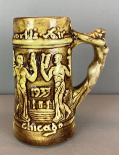 1933 Chicago Worlds Fair Stoneware Stein: Large crack on base, measures 6 1/2 x 5 1/5 x 3 3/4 inches