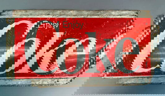 Enjoy Coke Painted Metal Advertising Sign: Scratches throughout, measures 24 x 12 inches