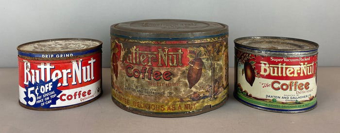 Group of 3 Vintage Butter-Nut Coffee Metal Advertising Tins