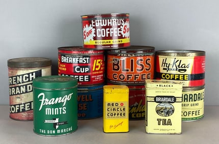 Group of Assorted Coffee Adveetising Cans and More