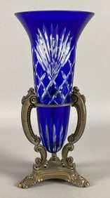 Godinger Cobalt Blue Cut to Clear Crystal Vase with Stand