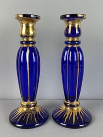 Pair of Euroglass Italian Cobalt Blue Gilded Glass Candlesticks