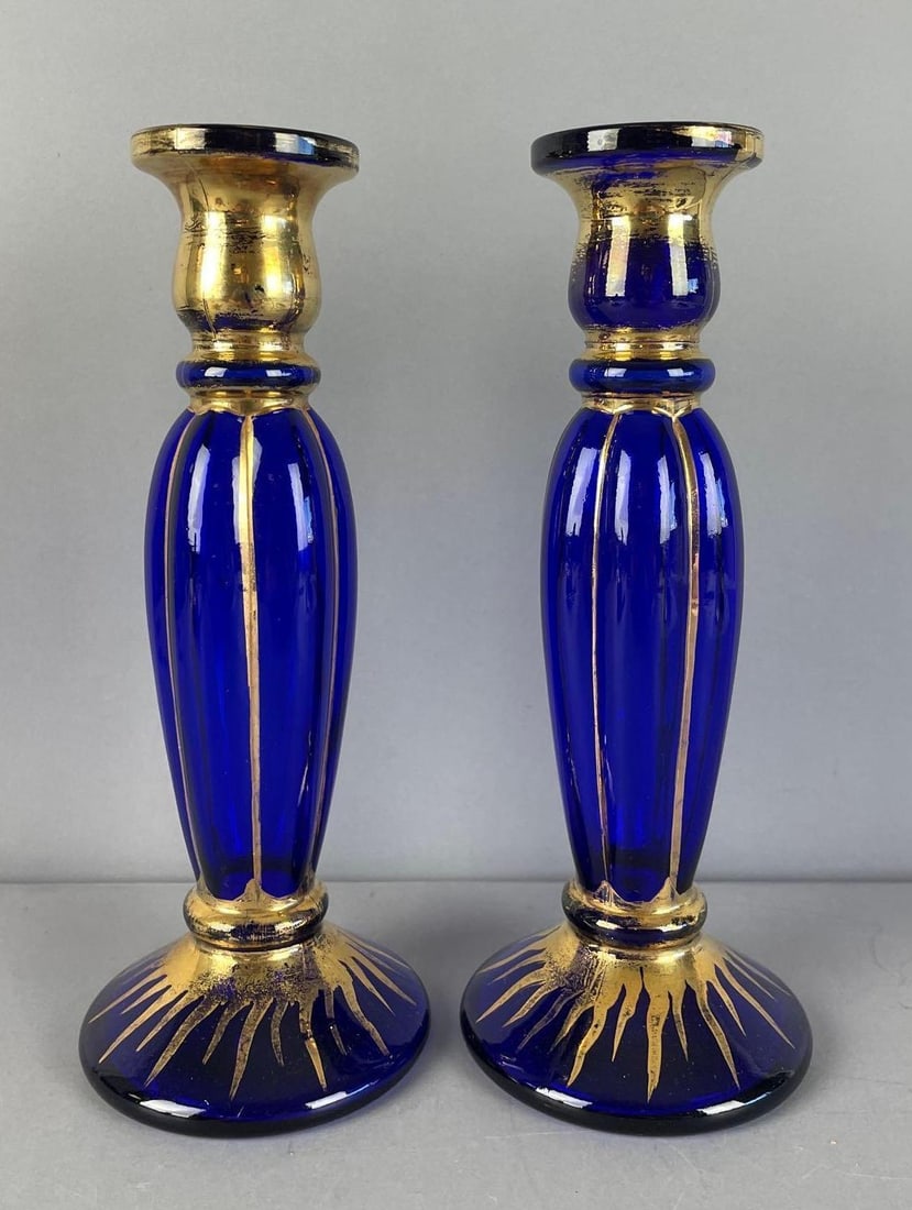 Pair of Euroglass Italian Cobalt Blue Gilded Glass Candlesticks (1 of 4)