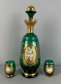 Vintage Bohemian Emerald Green Glass Enameled Floral Decanter with Glasses