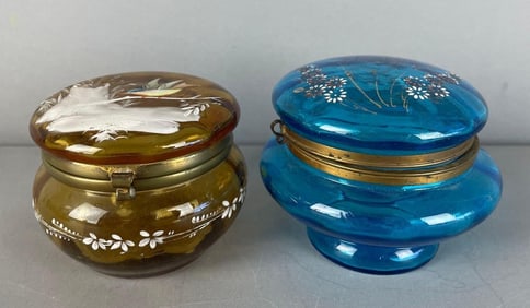 Group of 2 Vintage Bohemian Painted Glass Powder Jars
