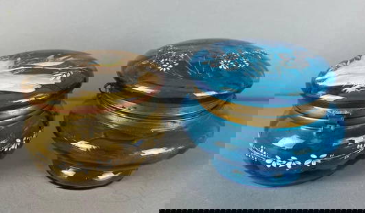 Group of 2 Vintage Bohemian Painted Glass Powder Jars: Hinged, blue is worn on lid, measures 3 x 3 3/4 inches