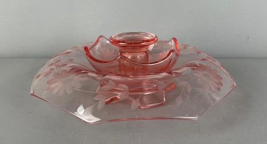 Vintage Etched Pink Depression Glass Candle Holder
