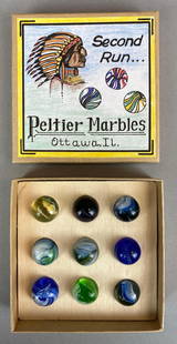 Set of 9 Peltier Second Run Glass Marbles: reproduction label and box, contemporary marbles, each marble measures ~ 19 mm across