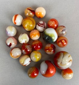 Group of 20+ Red White Swirl Glass Marbles