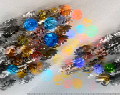 Group of 50+ Glass Swirl Marbles: Some chips shown, Sizes range from 14 - 23 mm across