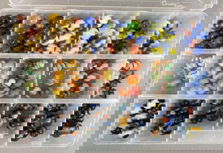 Group of 160+ Assorted Glass Marbles: sizes range from 13 - 19 mm across