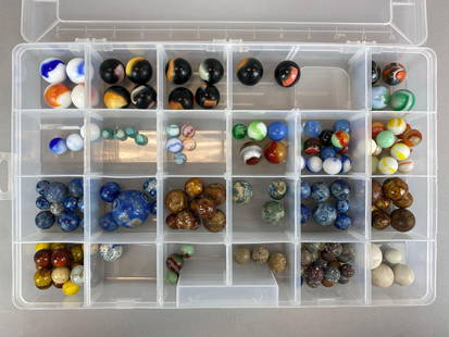Group of 150+ Assorted Marbles: Includes glass swirl, stone, pottery and more, sizes range from 10 - 34 mm across