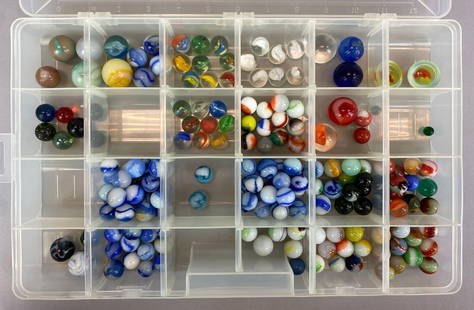 Group of 160+ Assorted Glass Marbles: Includes speckled, swirl, cats eye and more, one split in half, sizes range from 9 - 25 mm across