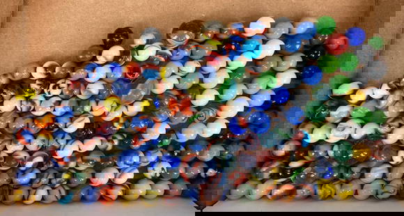 Group of 160+ Assorted Glass Marbles: Includes cats eye, solid color, swirl and more, sizes range from 9 - 25 mm across