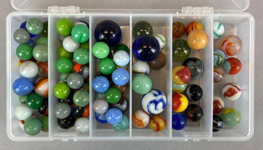 Group of 45+ Assorted Glass Marbles: Includes Solid color, pottery, swirl and more, sizes range from 24 - 23 mm across