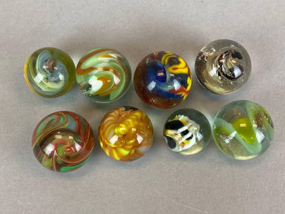 Group of 8 Contemporary Art Glass Marbles: Most signed JLD on reverse, sizes range from 22 - 29 mm across