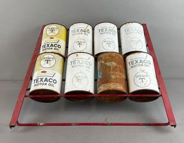 Vintage Advertising Display Rack with Texaco Motor Oil Cans