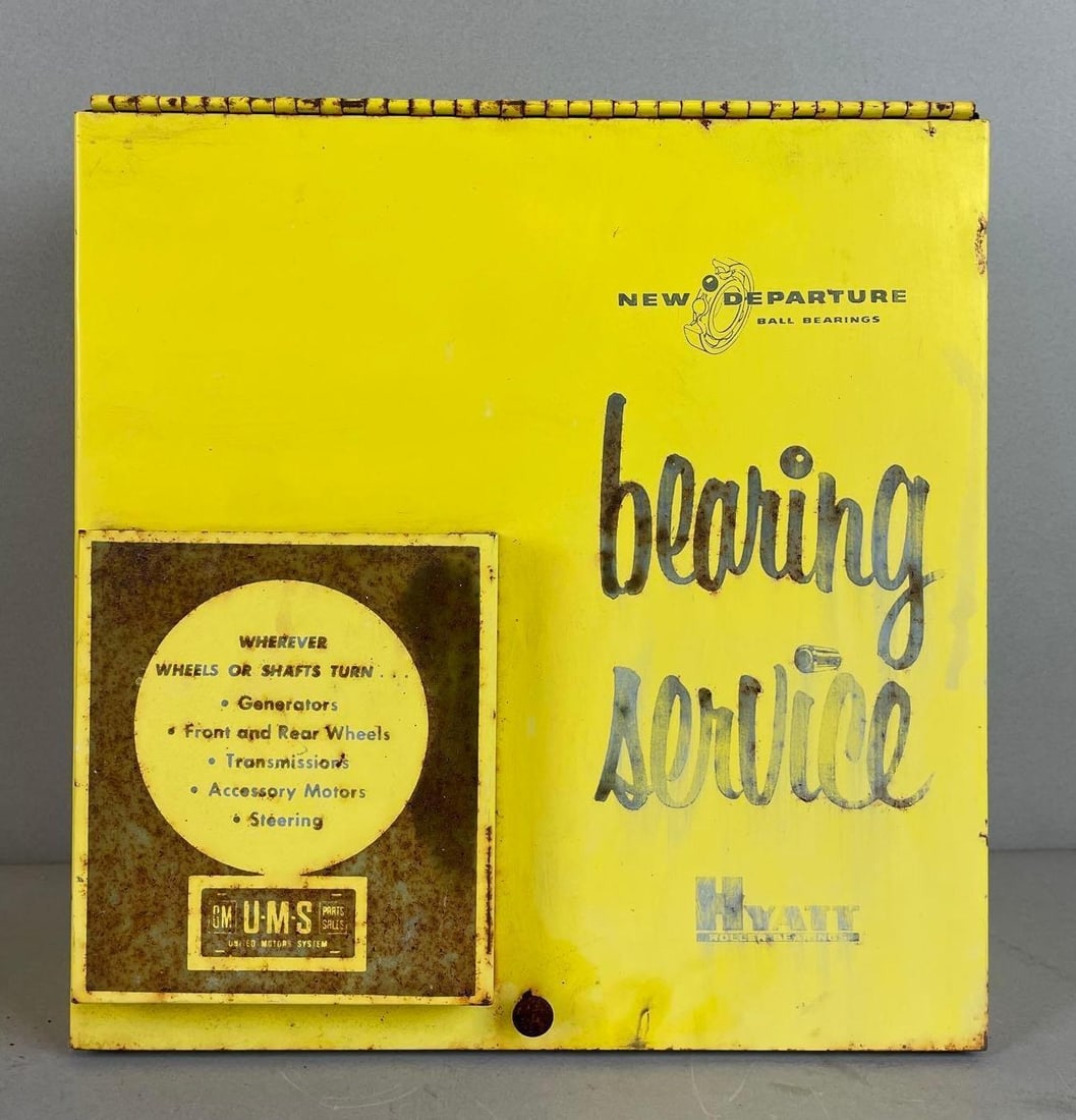 Vintage UMS Hyatt Roller Bearings Metal Advertising Cabinet: New departure ball bearings, rusted, measures 10 1/2 x 10 1/4 x 4 1/2 inches