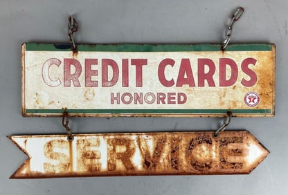 Vintage Credit Cards Honored / Service Arrow Double-Sided Sign