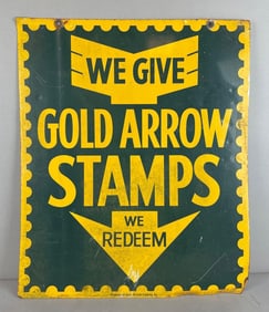 Vintage Gold Arrow Trading Co. Stamps Double-Sided Metal Advertising Sign
