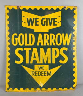 Vintage Gold Arrow Trading Co. Stamps Double-Sided Metal Advertising Sign: Peeling on reverse side, measures 24 x 20 inches