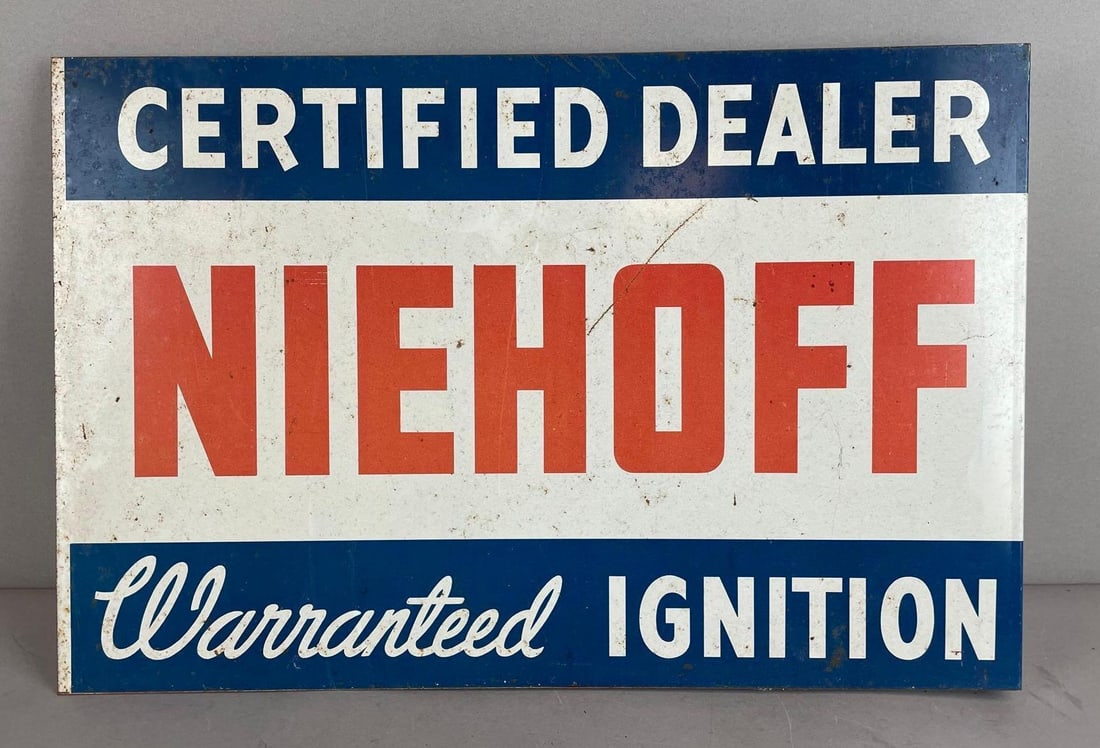 Vintage Niehoff Ignition Dealer Metal Flange Advertising Sign: Measures 12 x 18 1/2 x 1 1/2 inches